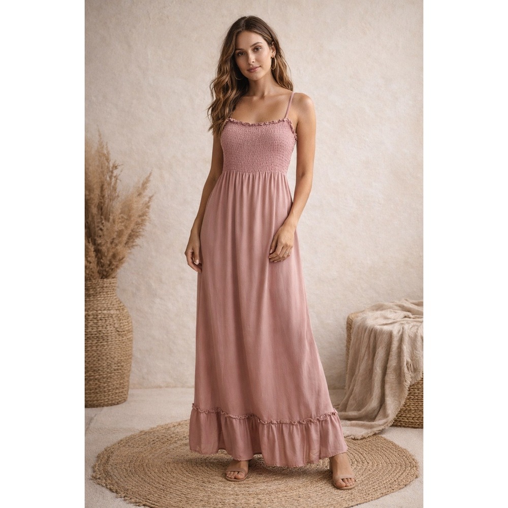 Camellia Smocked Maxi Dress Adjustable Straps Ruffle Hem Size M soft mauve pink